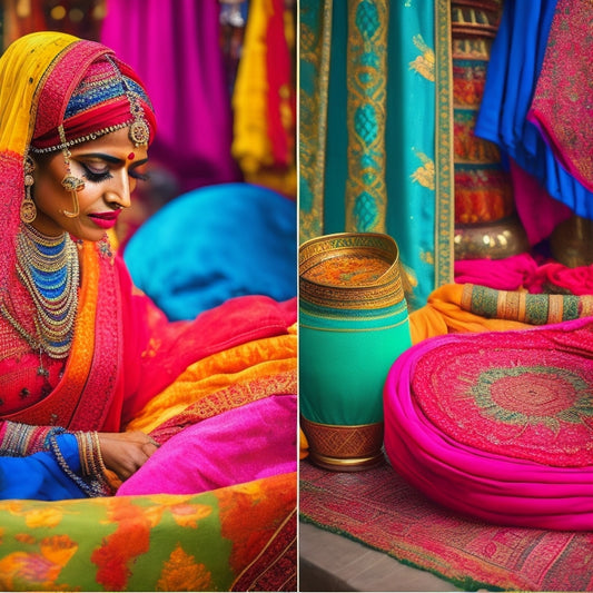 A vibrant Indian marketplace filled with richly colored fabrics: deep reds, bright yellows, royal blues, and lush greens, showcasing intricate patterns, traditional attire like sarees and turbans, illuminated by warm sunlight.