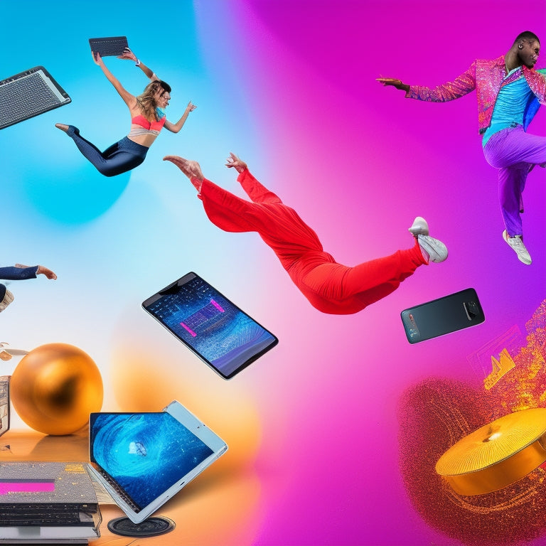 A colorful, dynamic illustration of a dancer in mid-air, surrounded by laptops, tablets, and smartphones, with dance studio equipment and musical notes floating in the background.