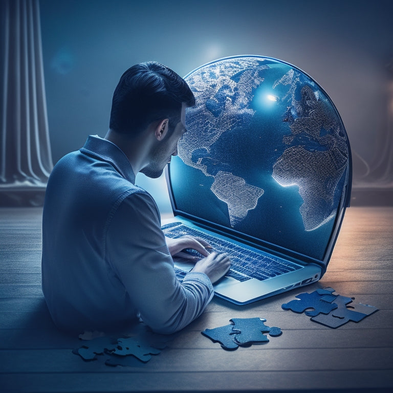 A stylized illustration of a person sitting in front of a laptop, surrounded by floating puzzle pieces that fit together to form a globe, with a subtle glow and subtle digital lines emanating from the laptop screen.