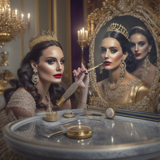 A luxurious, ornate golden mirror reflecting a beautifully styled royal woman with a tiara, surrounded by scattered makeup brushes, compacts, and hair styling tools on a velvet-draped table.