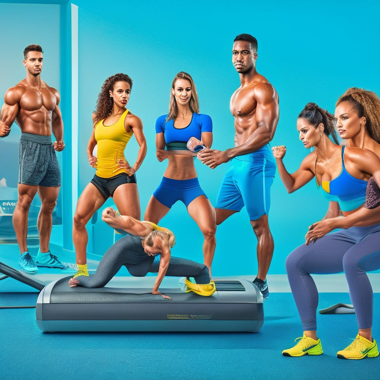 A bright and modern illustration featuring a diverse group of people in various fitness poses, surrounded by digital devices and exercise equipment, set against a calming blue and green background.