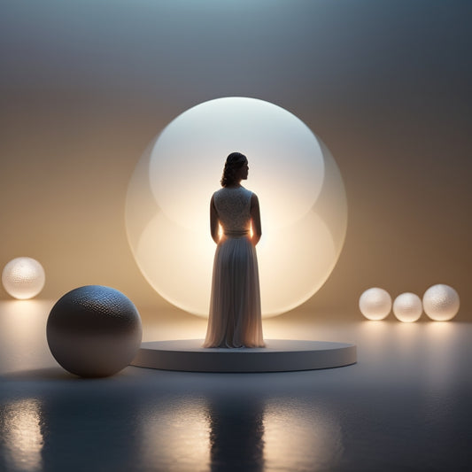 A serene, spotlight-lit figure stands confidently on a virtual stage, surrounded by subtle, glowing orbs representing online coaching solutions, with a calm, peaceful atmosphere and soft, gradient lighting.