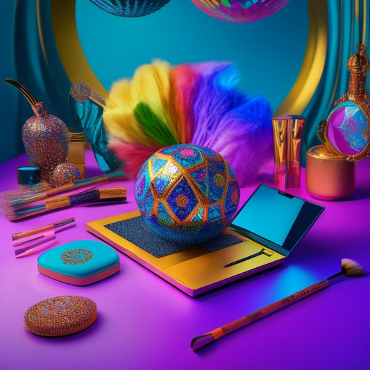 A whimsical illustration featuring a dance-inspired makeup station with a laptop, brushes, and colorful cosmetics surrounded by swirling dance-inspired patterns and silhouettes of dancers in various poses.