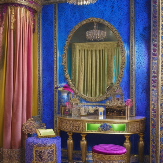 A vibrant theater dressing room with an ornate mirror, colorful costumes hanging, dramatic lighting, and accessories like feathered hats and sparkling jewelry, showcasing a mix of textures and colors for theatrical outfit inspiration.