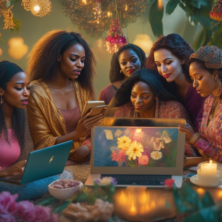 A warm, golden-lit illustration of diverse women from various age groups and ethnicities gathered around a glowing, interconnected network of laptops and smartphones, surrounded by inspirational symbols like flowers and butterflies.