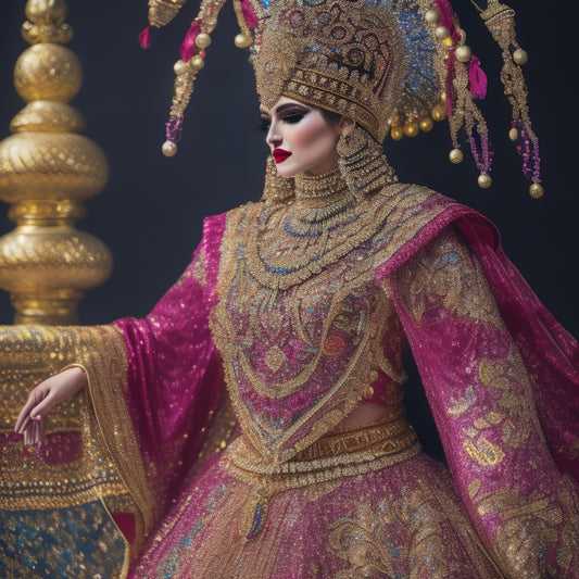 A vibrant, intricately patterned Turkish dance costume lies draped over a ornate, gilded mannequin, surrounded by scattered beads, sequins, and colorful fabrics, against a rich, crimson background.