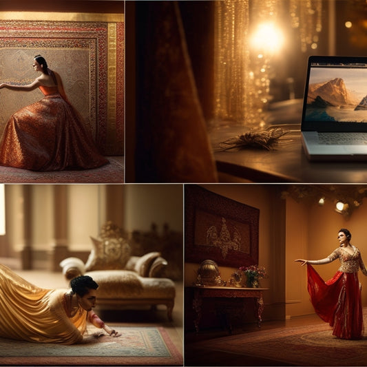 A warm, golden-lit dance studio with intricate Middle Eastern-inspired tapestries, a solo dancer in flowing, shimmering attire, and a laptop open to an online class in the foreground.