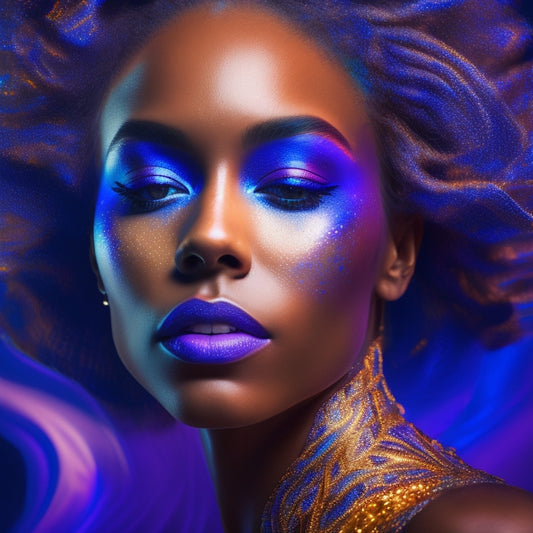 A warm, golden-lit portrait of a dancer in mid-pose, surrounded by abstract, swirling patterns of blue and purple, with a subtle, shimmering aura around their head.