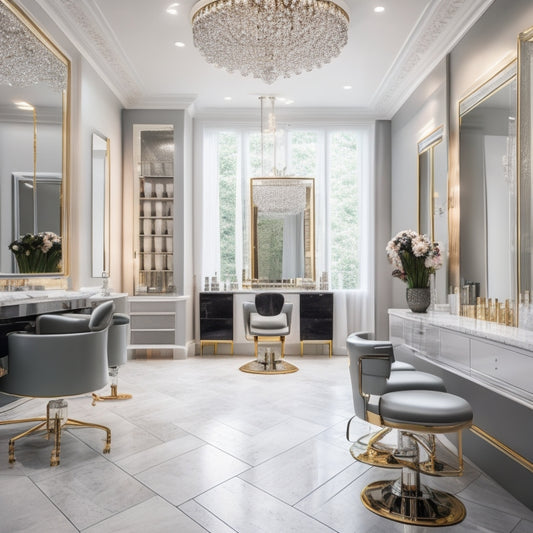 A luxurious, modern beauty salon interior with sleek, silver equipment and plush, velvet chairs, surrounded by elegant, marble countertops and floor-to-ceiling mirrors.