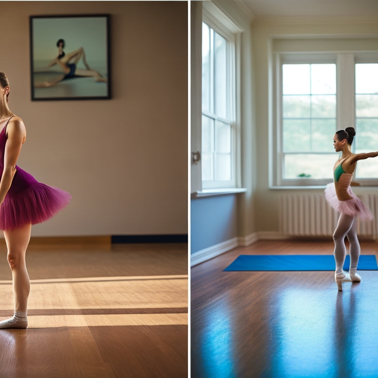 A split-screen image featuring a person wearing barre shoes in a ballet studio on one side, and the same person practicing barefoot on a wooden floor on the other, with a subtle gradient background.