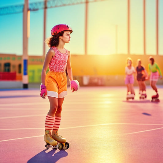 A warm-toned, sun-drenched roller rink scene: a novice skater, surrounded by fallen cones and scattered practice markers, stands tall on rented skates, arms outstretched, with a determined expression.