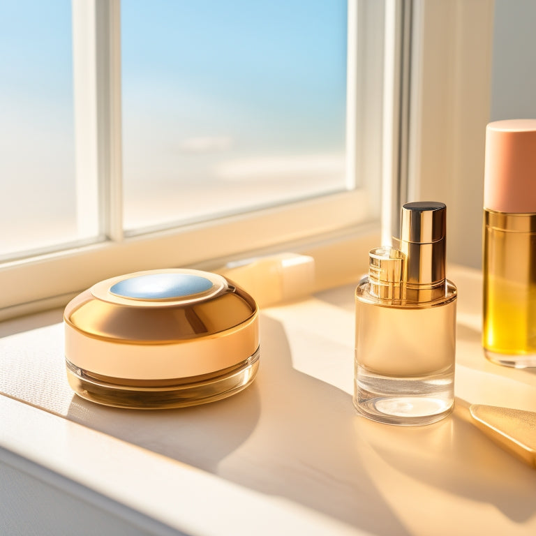 A close-up of a makeup vanity featuring sweat-resistant products: a sleek foundation bottle, a setting spray, and a shimmering highlighter, surrounded by melting ice cubes and a bright summer sun shining through a window.