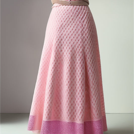 A whimsical, high-waisted, floor-sweeping wrap skirt in a soft pink hue, featuring a delicate lattice rose pattern, flowing effortlessly in a gentle breeze, against a soft, creamy white background.