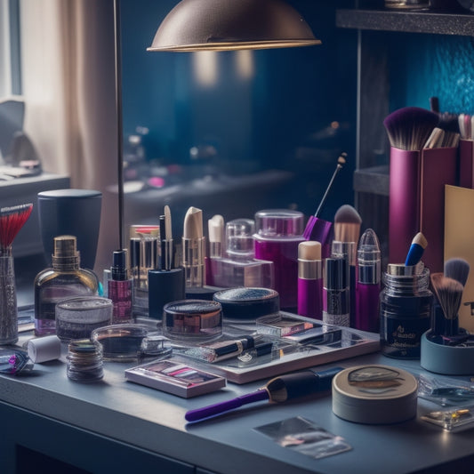 A cluttered makeup station with scattered brushes, lipsticks, and palettes, surrounded by crumpled paper and broken mirrors, contrasted with a tidy, organized workspace in the background.