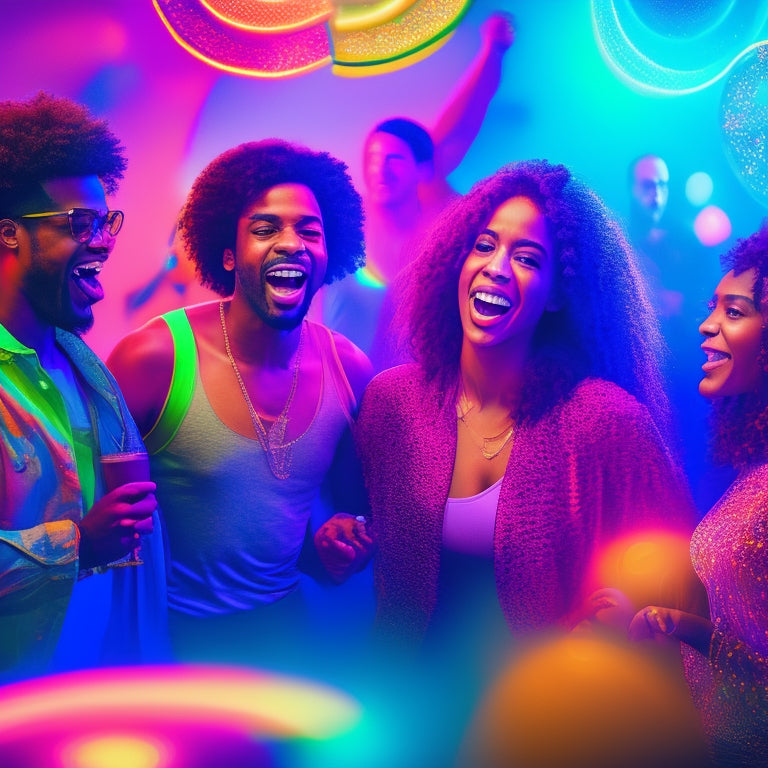 A vibrant illustration of a diverse group of friends dancing together in a colorful, neon-lit studio, surrounded by pulsing speakers and swirling shapes, conveying energy and joy.