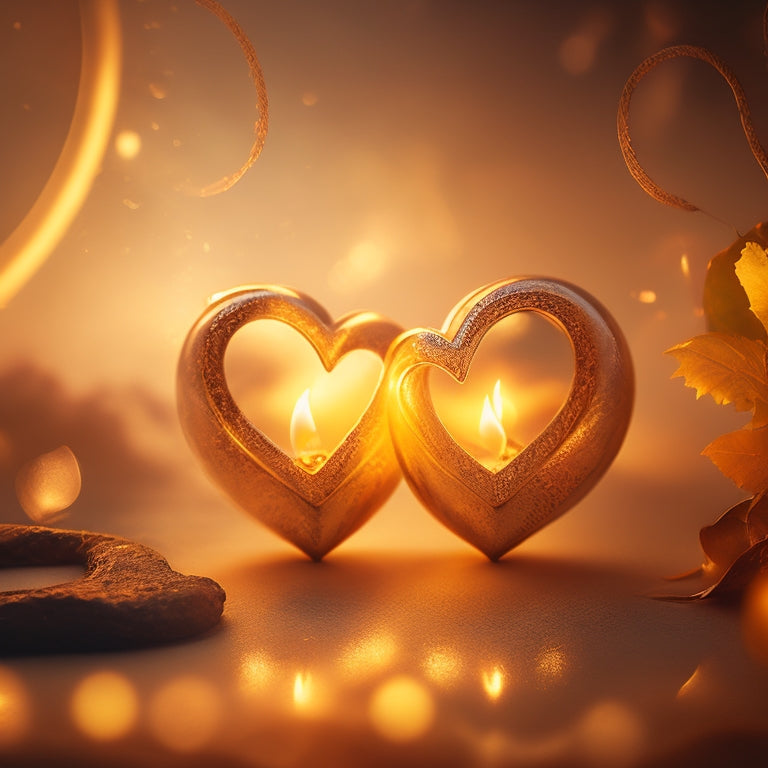 A warm, golden light engulfs a pair of entwined hearts, surrounded by wispy flames that dance and flicker, casting a romantic glow on a dark, misty background.
