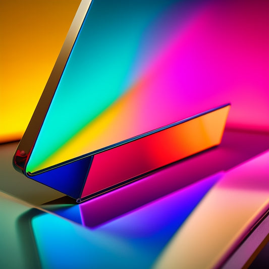 A close-up of a sleek, futuristic unbreakable mirror reflecting a vibrant, colorful room, showcasing its scratch-resistant surface, reinforced edges, and a hint of a high-tech manufacturing process in the background.