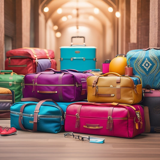 A vibrant array of stylish rolling duffel bags in various colors and patterns, arranged on a wooden floor, surrounded by travel essentials like a passport, sunglasses, and a map, evoking adventure and wanderlust.