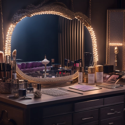 A glamorous, dimly lit makeup station with various makeup products, brushes, and mirrors, surrounded by dance-inspired props like ballet shoes, feather boas, and sequined gloves.