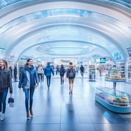 A futuristic shopping mall interior with sleek, silver archways, holographic advertisements, and levitating product displays surrounded by happy, diverse shoppers using augmented reality glasses and smartphones.