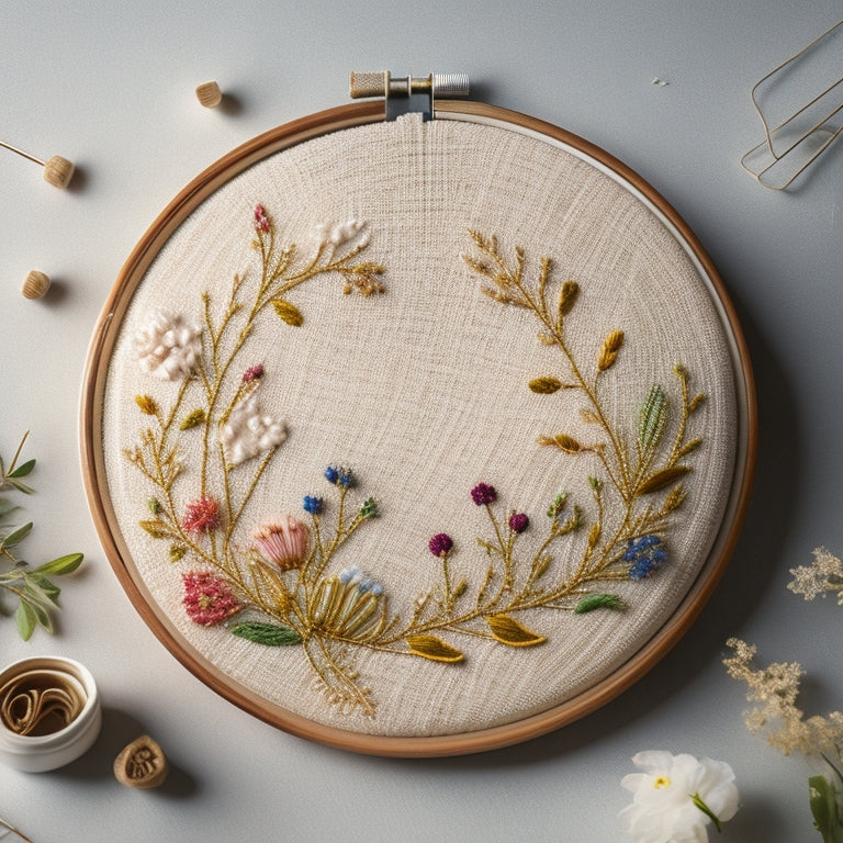 A delicate, ivory-colored embroidery hoop with intricately stitched floral patterns and vines, surrounded by scattered threads, needles, and a few loose flowers on a soft, creamy background.