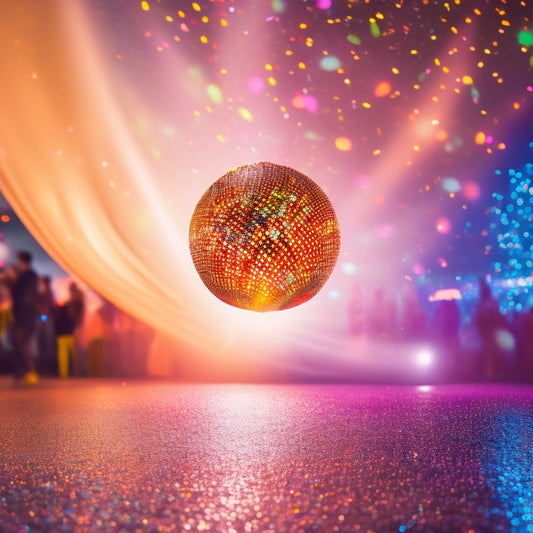 A vibrant, dimly lit disco ball spinning amidst a whirlwind of colorful confetti, surrounded by flashing dance floor lights, with a silhouette of people dancing in the background.