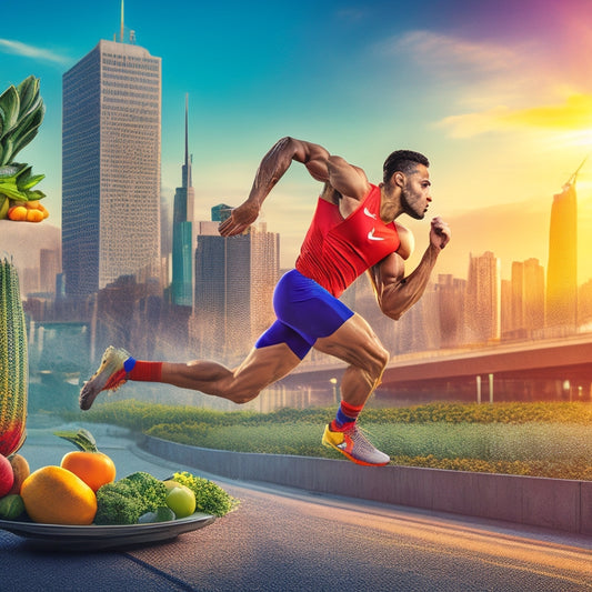 A dynamic illustration depicting a strong, toned athlete in motion, surrounded by vibrant fruits, vegetables, and whole grains, with a subtle background of a cityscape or stadium at sunrise.