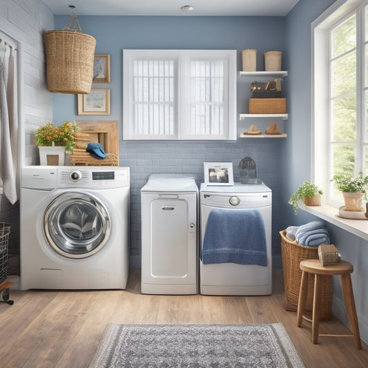 A bright, well-organized laundry room with a few dust-free laundry supplies, a sleek washer and dryer, and a few strategically placed dust-trapping mats on the floor, with plenty of natural light.