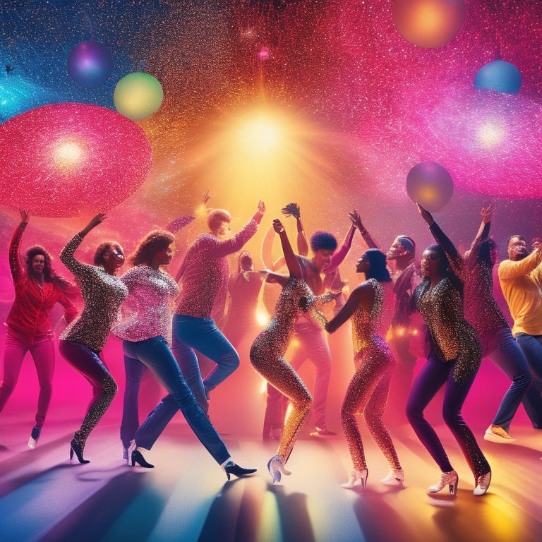 A vibrant illustration featuring a gleaming disco ball, surrounded by 15 diverse, silhouetted figures in dynamic dance poses, amidst swirling spotlights and shimmering confetti.