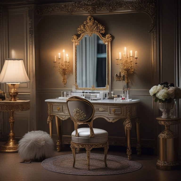 A glamorous, dimly-lit bridal beauty station with a vanity, ornate mirror, and elegant stool, surrounded by makeup brushes, palettes, and cosmetic tools, with a wedding veil draped elegantly in the background.