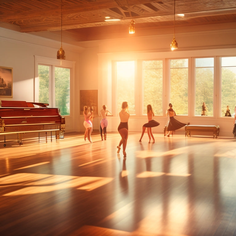 A serene, sunlit dance studio with warm wood flooring, mirrored walls, and a grand piano in the corner, surrounded by dancers of various ages and abilities moving in harmony.