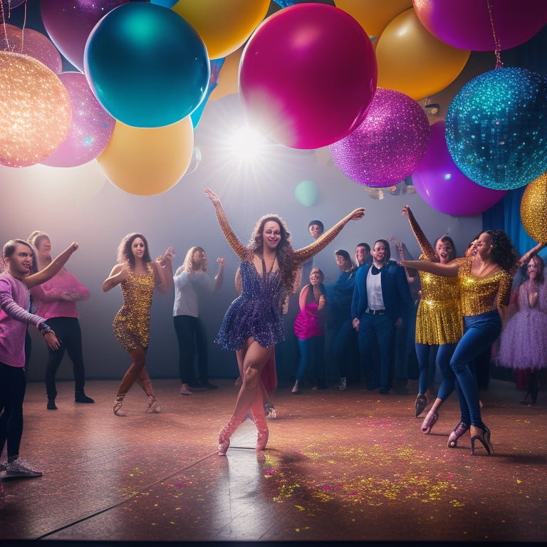 A vibrant dance studio interior with colorful balloons, confetti, and glittering disco balls suspended from the ceiling, surrounded by diverse dancers of all ages and abilities in dynamic poses.