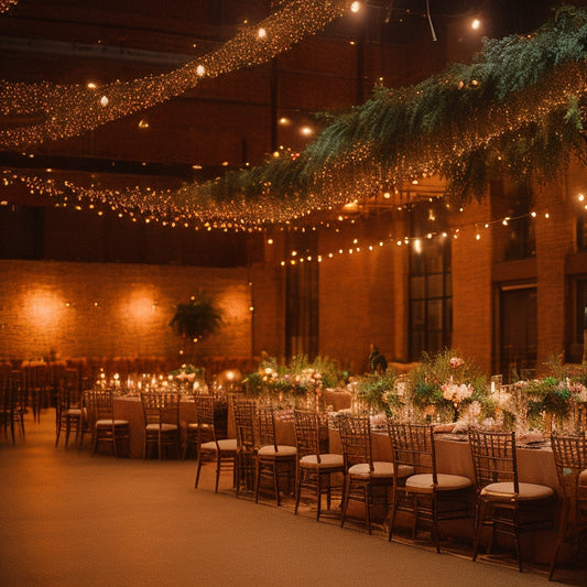 A warm, golden-lit image of a whimsical wedding reception at Lacuna Lofts, featuring a majestic floral arch, twinkling string lights, and joyful guests dancing amidst luxurious decor.