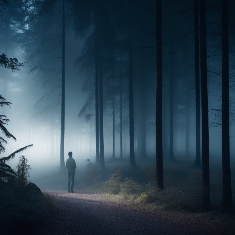 A misty, moonlit forest, with silhouetted trees and a solitary figure in the distance, surrounded by an ethereal, dreamy glow, evoking a sense of mystery and contemplation.