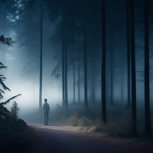 A misty, moonlit forest, with silhouetted trees and a solitary figure in the distance, surrounded by an ethereal, dreamy glow, evoking a sense of mystery and contemplation.