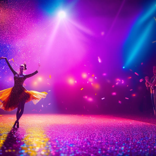 A darkened theater with a spotlight shining down on a solo dancer in mid-leap, surrounded by a whirlwind of colorful fabrics and confetti, with blurred audience silhouettes in the background.