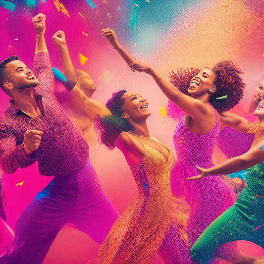 A vibrant, dynamic illustration of a diverse group of people in various dance poses, surrounded by swirling colors, spotlights, and confetti, conveying energy, freedom, and joy.