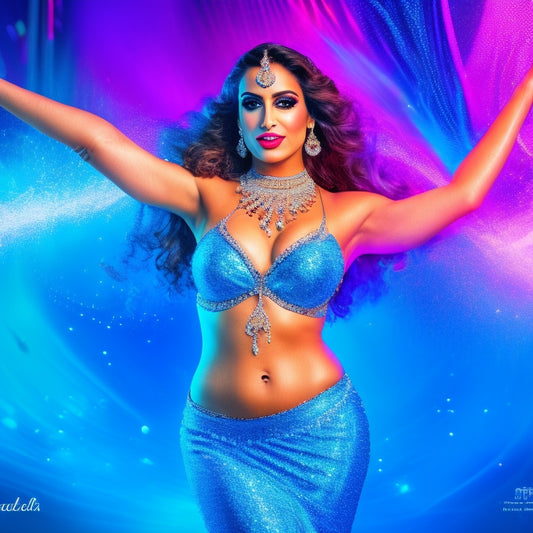 A vibrant illustration depicting a confident belly dancer in mid-performance, surrounded by Facebook icons and digital sparks, with a subtle gradient of Facebook's blue and white colors in the background.