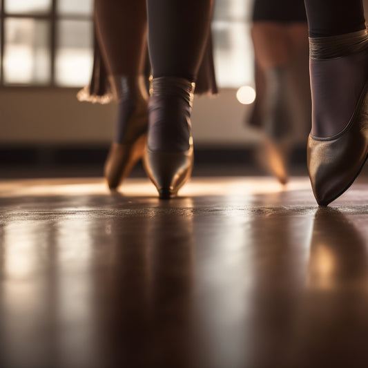 A close-up of a dancer's ankles, with a subtle glow surrounding them, wearing supportive dance shoes with high ankle collars, amidst a blurred background of a dance studio with mirrors and a wooden floor.