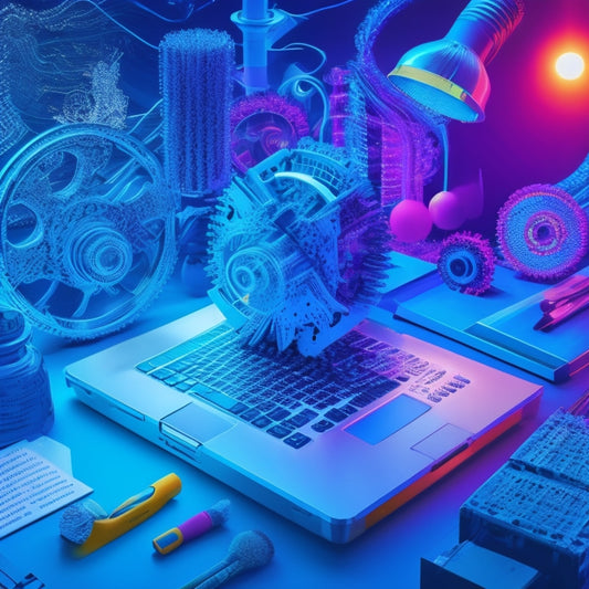 A vibrant, abstract illustration featuring intertwined gears, paintbrushes, and laptops, surrounded by swirling patterns of code, creative sparks, and innovative lightbulbs, set against a bright, gradient blue background.