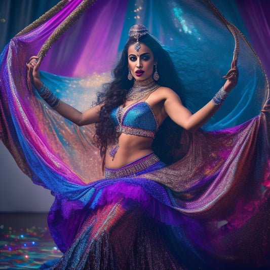 A mesmerizing illustration of a belly dancer in mid-performance, surrounded by swirling patterns of Instagram and TikTok icons, with a subtle sparkle effect and vibrant, jewel-toned fabrics.