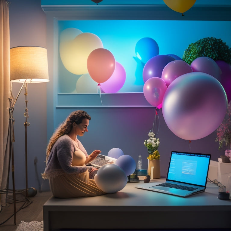A serene, dimly lit studio with a pregnant woman in the center, surrounded by soft pastel balloons, gently swaying to music, with a laptop open in front of her, showcasing a virtual dance class.