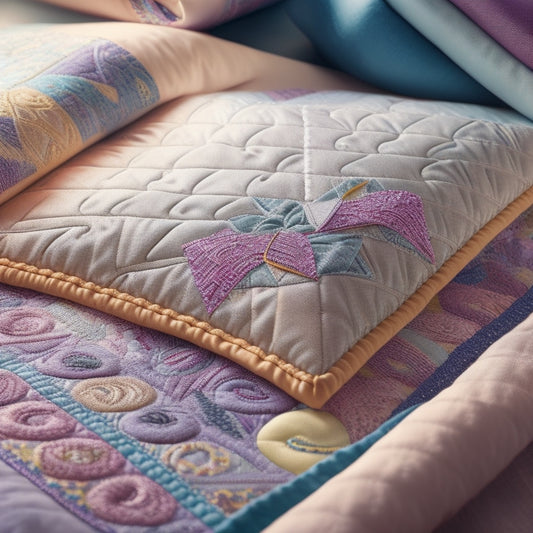 A whimsical illustration featuring a quilt with interlocking diamond shapes in shimmering fabrics, surrounded by swirling threads and needles, with a subtle sparkle effect in the background.