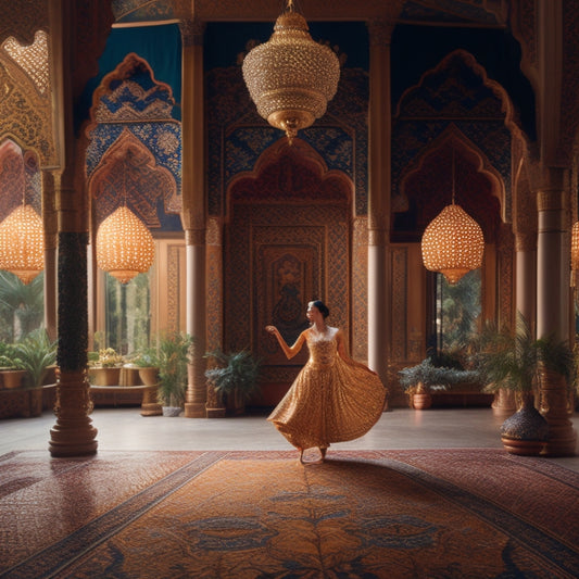 A vibrant, golden-lit dance studio with intricately patterned Middle Eastern tiles, featuring a lone dancer in flowing, embroidered attire, surrounded by lush greenery and ornate lanterns, lost in mesmerizing movement.