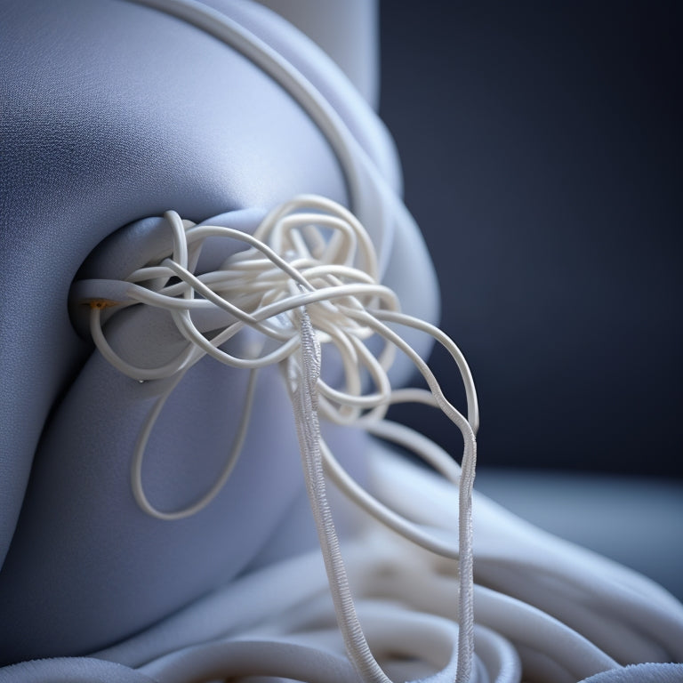 An illustration of a person's hip joint with restricted movement, depicted in a dull gray tone, surrounded by tangled, knotted strings, conveying stiffness and constraint.