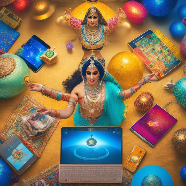 A whimsical illustration depicting a belly dancer surrounded by orbiting laptops, smartphones, and tablets, with subtle Middle Eastern patterns and a subtle glow, conveying online presence and digital savvy.