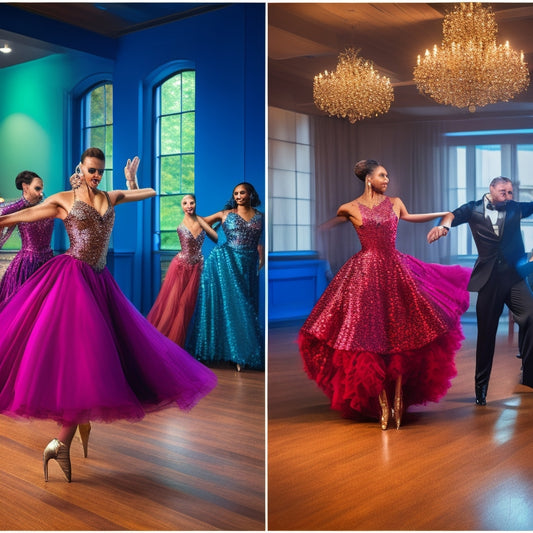 A vibrant dance studio scene featuring elegant, flowing ballroom dresses in rich fabrics, sparkling sequins, and tailored suits. Showcase dancers in motion, highlighting dynamic movement and stylish footwear against a polished wooden floor backdrop.