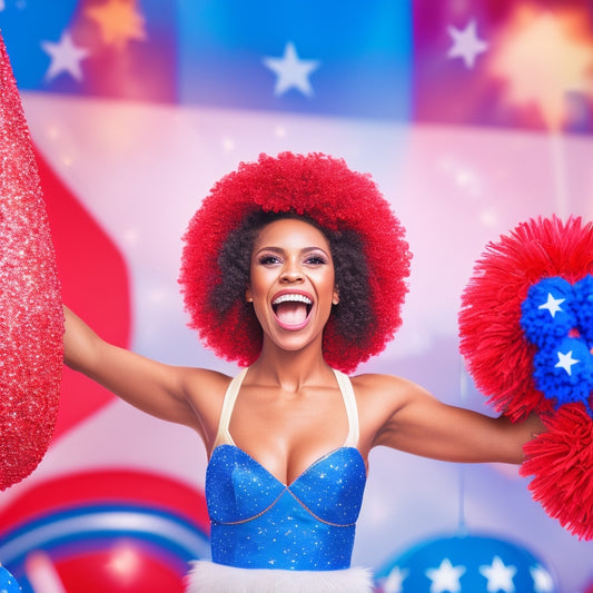 A bright and colorful illustration featuring a cheerful, pom-pom-waving cheerleader standing in front of a bold, star-spangled backdrop, surrounded by confetti and instant printable cheer signs.