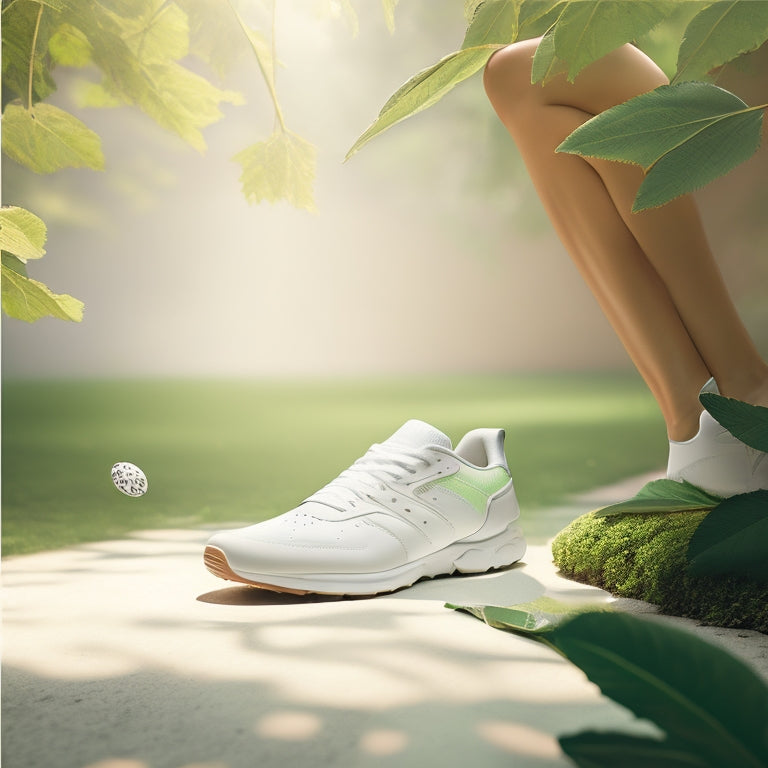 A serene, minimalist illustration featuring a delicate, bare foot with a subtle, glowing aura around the heel, surrounded by scattered, gentle, green leaves and a few, carefully placed, white athletic shoes.