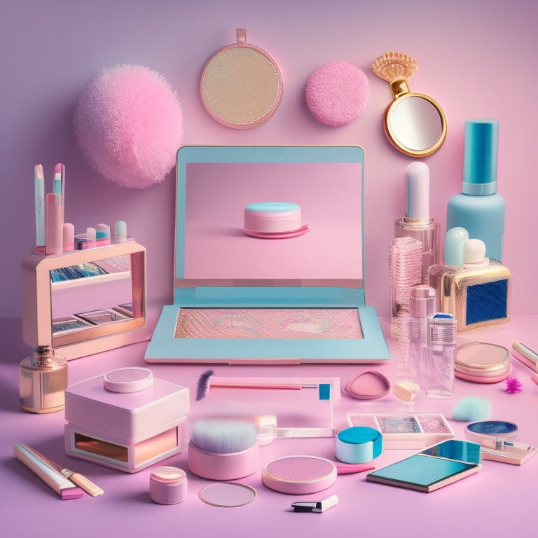 A whimsical, pastel-colored illustration featuring a dancer's vanity cluttered with makeup brushes, palettes, and mirrors, surrounded by laptops and tablets displaying various dance-inspired makeup looks.